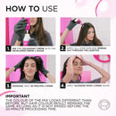 Step-by-step guide on how to use hair color product with text and images of a woman applying it.