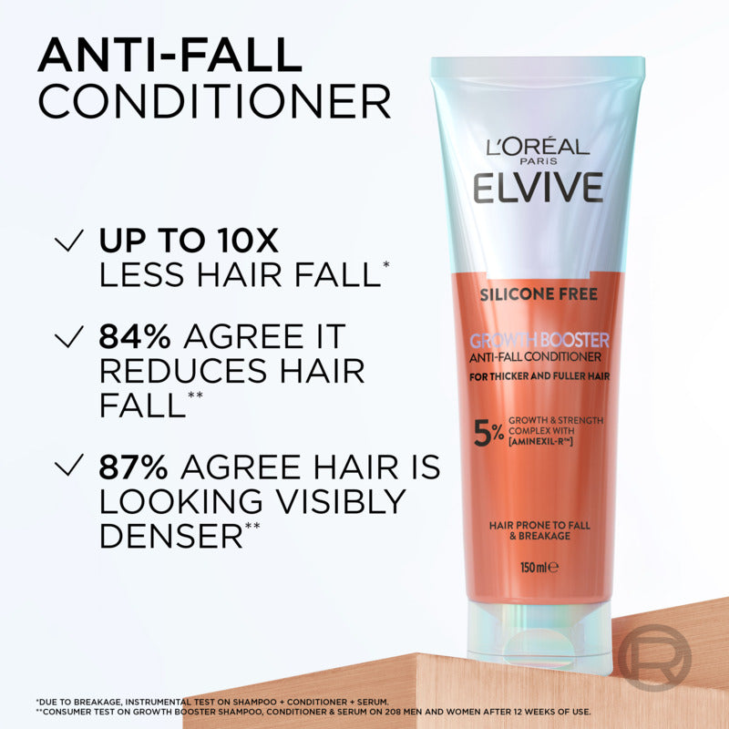 L'Oreal Elvive conditioner tube with text highlighting benefits on a white background