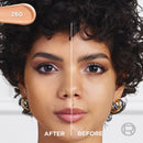 Before and after comparison of a woman's face with a color swatch labeled 260.