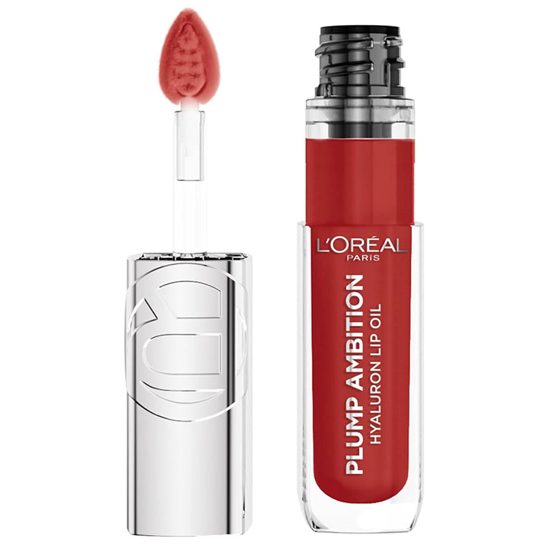 L'Oreal Plump Ambition Hyaluron Lip Oil with applicator on a white background