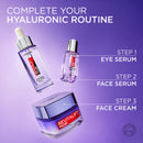 Promotional graphic showing three L'Oréal Paris Revitalift Pillow Day skincare products on a purple gradient background with text labels: Step 1 Eye Serum, Step 2 Face Serum, and Step 3 Face Cream.