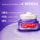 Revitalift Filler Day cream jar with skincare benefits on a purple background