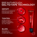 L'Oreal Revitalift eye serum with text explaining gel-to-tape technology on a red background
