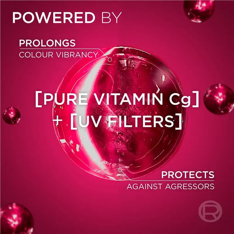 Red droplet with text about pure vitamin Cg and UV filters on a pink background