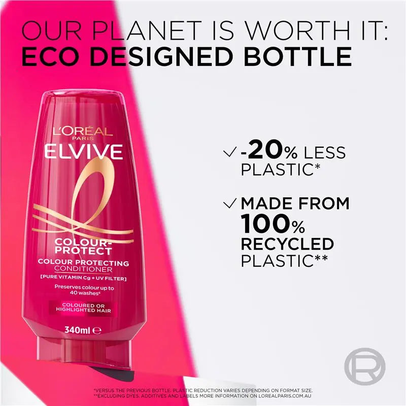 L'Oreal Elvive hair care product with eco-friendly packaging details on a pink and white background