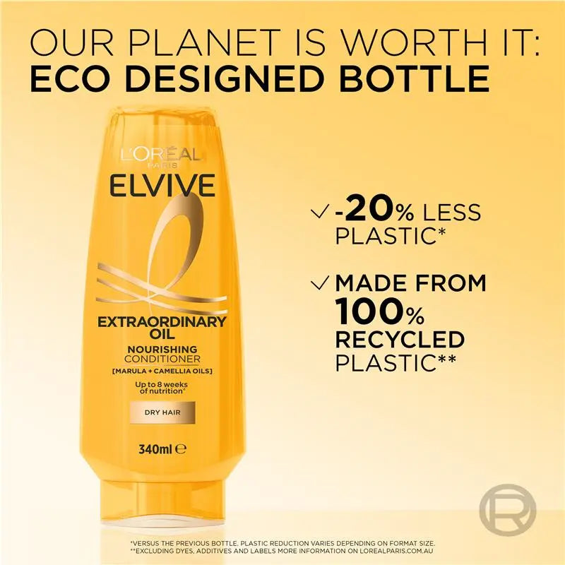 L'Oreal Elvive conditioner bottle with eco-friendly packaging details on a yellow background