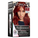 L'Oreal Paris Preference hair color box with a model featuring cherry red hair on a white background