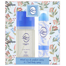 A gift set from Lace, including a 100ml Eau de Parfum spray and a 75ml body spray, both with blue and white packaging featuring floral designs.