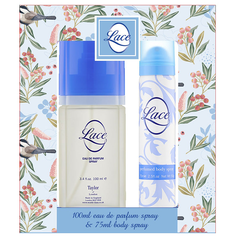 A gift set from Lace, including a 100ml Eau de Parfum spray and a 75ml body spray, both with blue and white packaging featuring floral designs.
