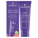 Lansinoh HPA Lanolin Nipple Cream shown in a purple squeeze tube next to its matching purple retail box on a white background.