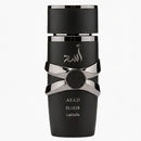 Black and silver perfume bottle labeled 'Asad Elixir' by Lattafa on a white background