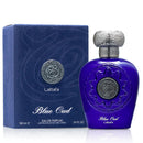 Lattafa Blue Oud perfume bottle and packaging on a white background