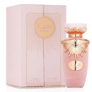 Pink perfume bottle with gold accents and matching packaging on a white background