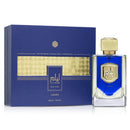 Perfume bottle with gold cap and blue packaging next to its box on a white background