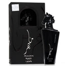 Black Lattafa Maahir perfume bottle and packaging on a white background