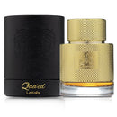 Gold and black perfume bottle with 'Qaa'ed Lattafa' branding on a white background