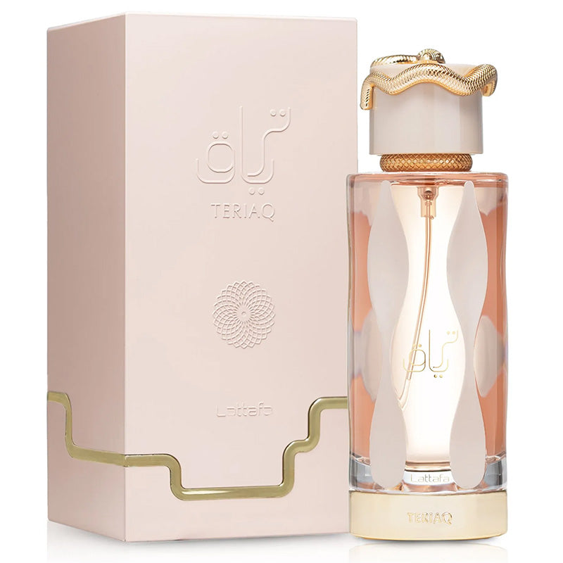 Perfume bottle and packaging with 'Teriaq' branding on a white background