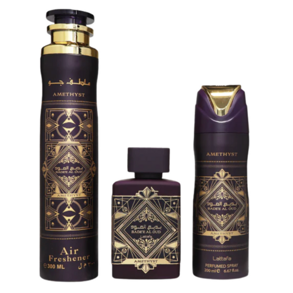 Set of Amethyst branded air freshener, perfume spray, and deodorant on a white background