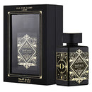 Black perfume bottle with gold designs and matching box labeled 'Oud for Glory' on a white background.