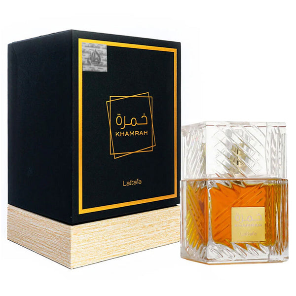 Khamrah Lattafa perfume bottle and packaging on a white background