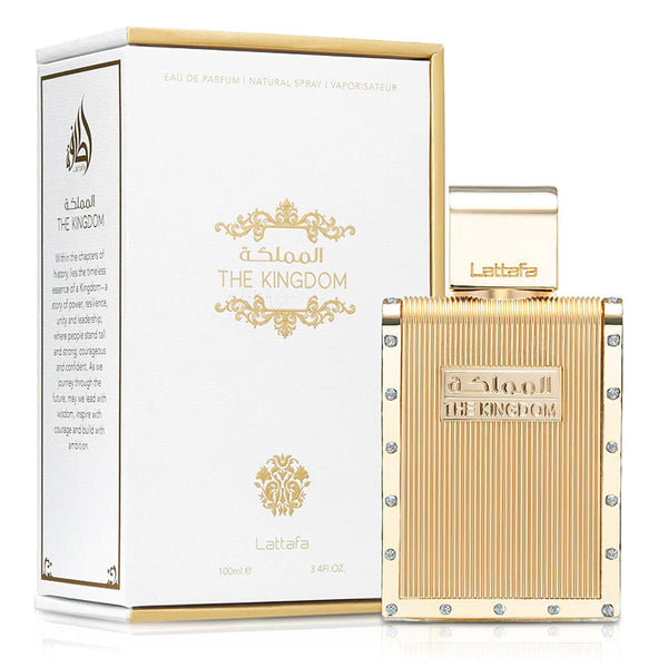 Gold and white Lattafa perfume bottle with packaging on a white background