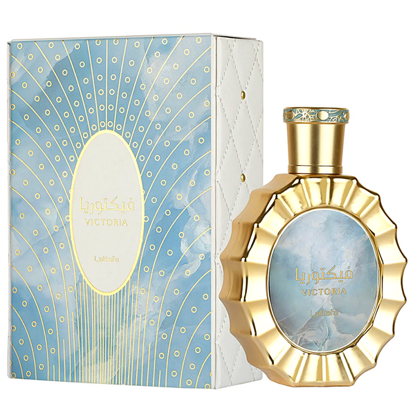 Gold perfume bottle with matching packaging on a white background