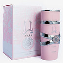 Pink perfume bottle and packaging with 'Yara' branding on a white background