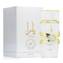 Lattafa Yara perfume bottle and packaging on a white background