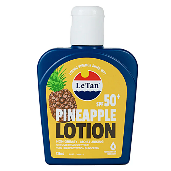 Bottle of LeTan Pineapple Lotion with SPF 50+ on a white background