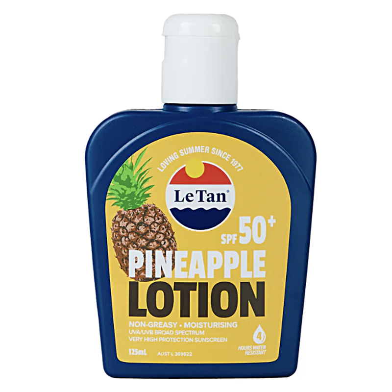Bottle of LeTan Pineapple Lotion with SPF 50+ on a white background