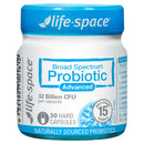 A bottle of Life-Space Broad Spectrum Probiotic Advanced, 30 hard capsules, featuring a white bottle with a bright blue cap and blue accents on the label.