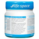 A white plastic jar of Life-Space CFU supplement with a bright blue lid and blue text, showing the directions for use and warning labels on the side.