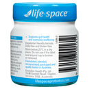 Back side of a Life Space probiotic jar showing usage instructions, barcode, and company address on a white background.