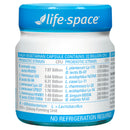 Life-space probiotic supplement jar with a blue lid and white label, showing various Lactobacillus and Bifidobacterium strains and their CFUs on a white background.