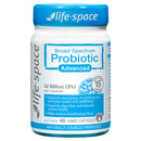 A bottle of Life-Space Broad Spectrum Probiotic Advanced, 60 hard capsules, featuring a white bottle with a bright blue cap and blue and white label text.