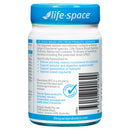 Back view of a Life-Space Broad Spectrum Probiotic Advanced supplement bottle, showing the white label with blue text, barcode, and a blue 'Guaranteed Fresh' seal.