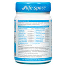 A bottle of Life-Space Probiotic Strain CFU vegetarian capsules, shown from the back to display the detailed white label with blue text and a blue cap.