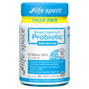 A bottle of Life-Space Broad Spectrum Probiotic Advanced, 90 hard capsules, featuring a blue and white label with a yellow band on the cap.