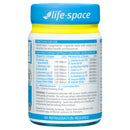 A bottle of Life-Space probiotic capsules with a blue cap, yellow band, and white label showing the product details and directions.
