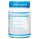 A white plastic bottle of Life-Space dietary supplements with a bright blue cap, showing the back label with directions and ingredients in blue and black text.
