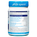 A bottle of Life-Space B-12 dietary supplement capsules, showing the white back label with blue text and a blue cap, on a plain white background.