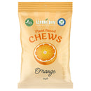 A 50g package of Little Joy Confectionery Plant Based Chews in Orange flavor. The packaging is a warm cream-yellow color with a prominent orange slice graphic in the center, featuring the brand logo and product details.