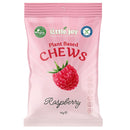 A 50g bag of Little Joy Confectionery Plant Based Chews in Raspberry flavor. The packaging is light pink with a large illustration of a fresh raspberry in the center, and features the 'Little Joy' brand logo and ' vegab' certification seal.