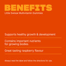 Orange background with text about Little Swisse Multivitamin Gummies benefits