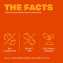 An orange informational graphic with the heading 'THE FACTS' and text reading 'Little Swisse Multivitamin Gummies.' It shows three icon-based claims: sugar free, peanut free, and vegetarian friendly, plus a small line of text at the bottom advising to read the label and follow directions.