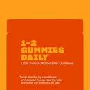 A flat graphic showing a bright orange supplement jar label on an orange background. The label reads '1-2 GUMMIES DAILY' in large orange text, with smaller white text below reading 'Little Swisse Multivitamin Gummies' and a usage disclaimer.