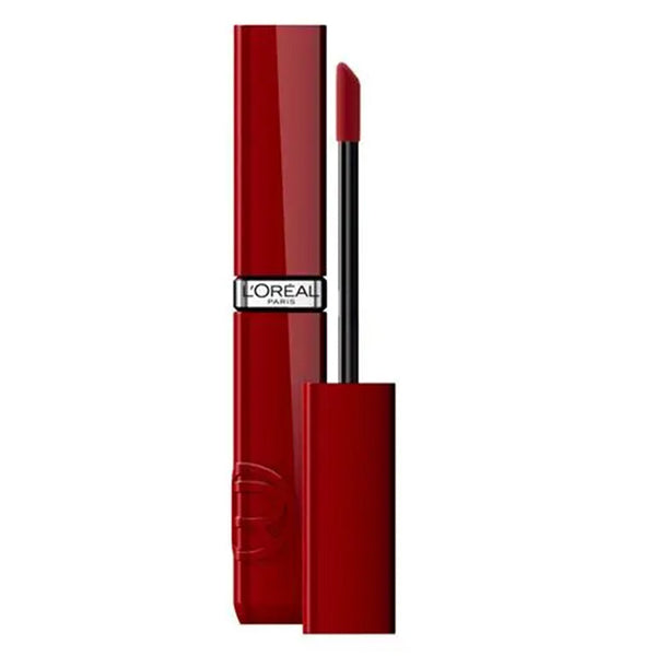 Red lipstick with applicator on a white background