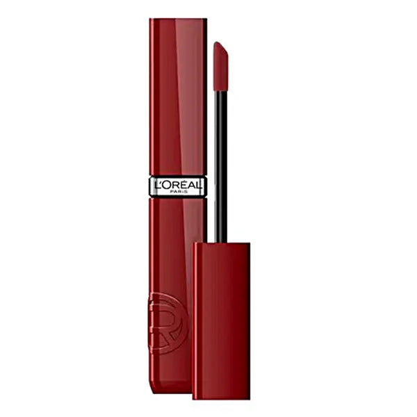 Red lipstick with applicator on a white background