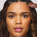 Before and after comparison of a woman's face with makeup product labeled '