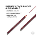 Two lip pencils with text highlighting intense color payoff, blendability, and effortless application on a white background.
